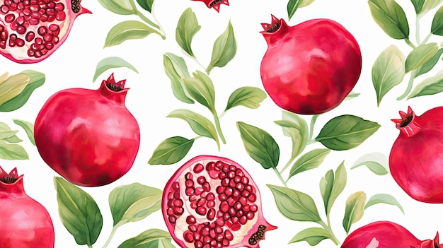 Photo a seamless pattern with pomegranates and leaves.