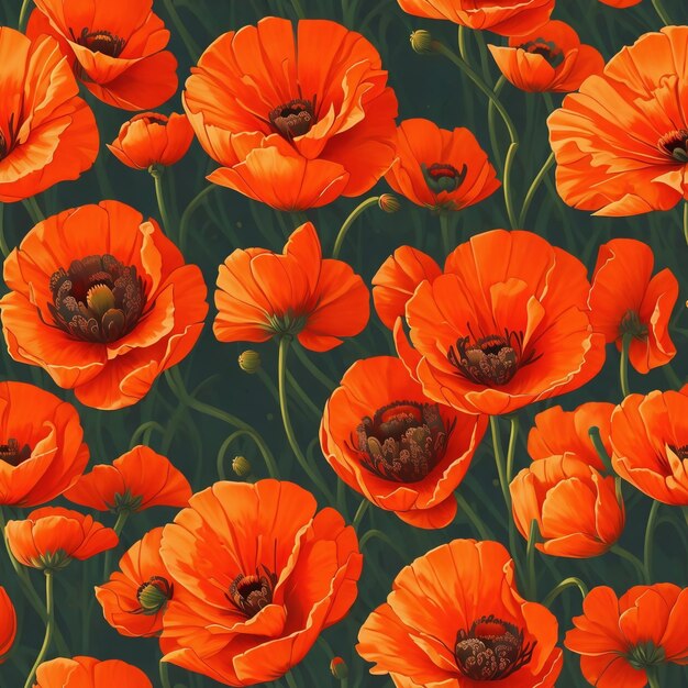 seamless pattern with poppies on a green background