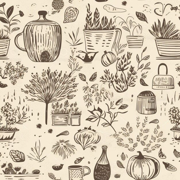 Photo a seamless pattern with pots and plants.