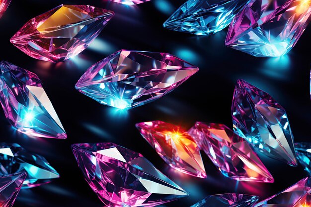Foto disegno senza cuciture con pietre preziose diamanti su sfondo neon multicolore