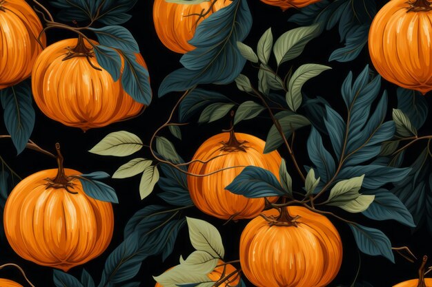 Seamless pattern with pumpkins on black background