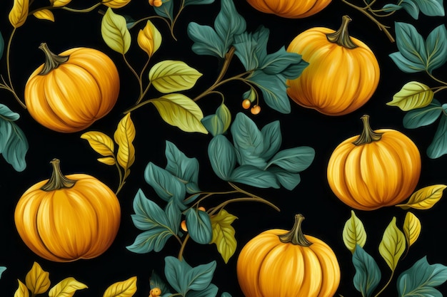 seamless pattern with pumpkins and leaves on black background