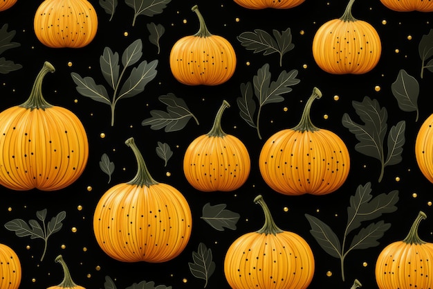 seamless pattern with pumpkins and leaves on a black background
