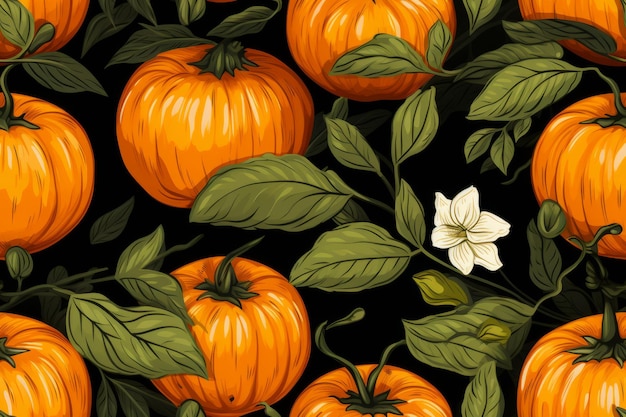 seamless pattern with pumpkins and leaves on black background