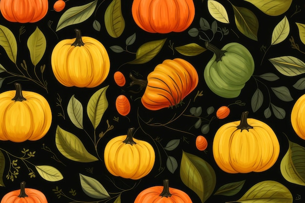 seamless pattern with pumpkins and leaves on black background