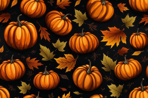 seamless pattern with pumpkins and leaves on black background