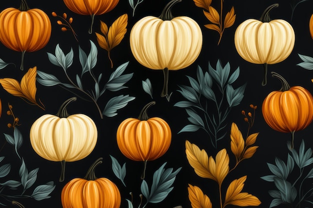 seamless pattern with pumpkins and leaves on black background