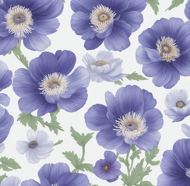 Seamless pattern with purple anemones on a white background