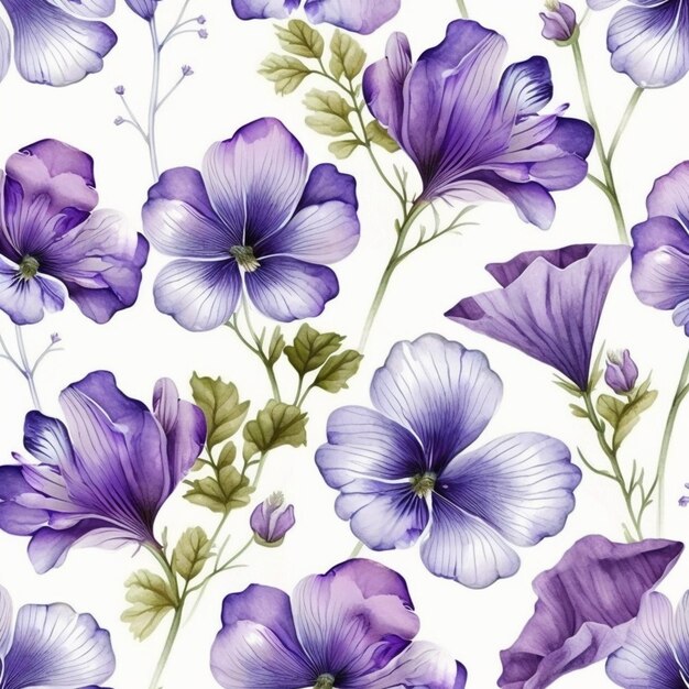 Foto un motivo senza cuciture con fiori viola e blu su sfondo bianco.