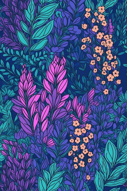 Seamless pattern with purple and blue plants and flowers on a dark blue background.