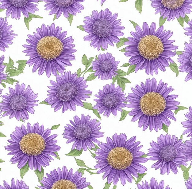 Photo seamless pattern with purple daisies on a white background