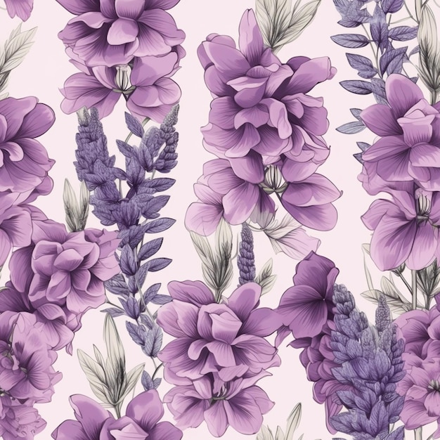 Бесшовный узор с фиолетовыми цветами на белом фоне.