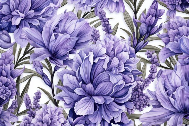 Seamless pattern with purple hyacinths and lavender generative ai