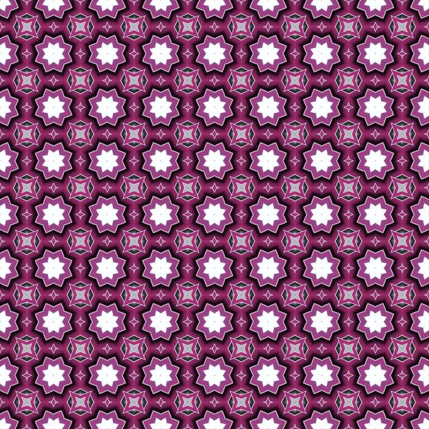 A seamless pattern with purple and pink flowers and leaves.