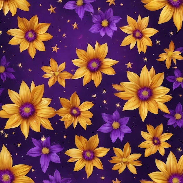 A seamless pattern with purple and yellow flowers and stars