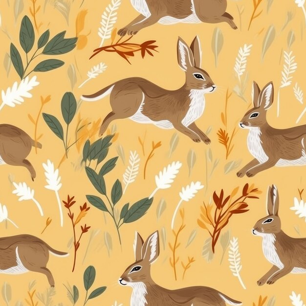 A seamless pattern with rabbits and plants