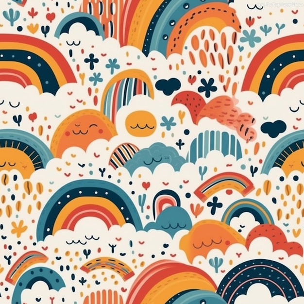 A seamless pattern with a rainbow and clouds.