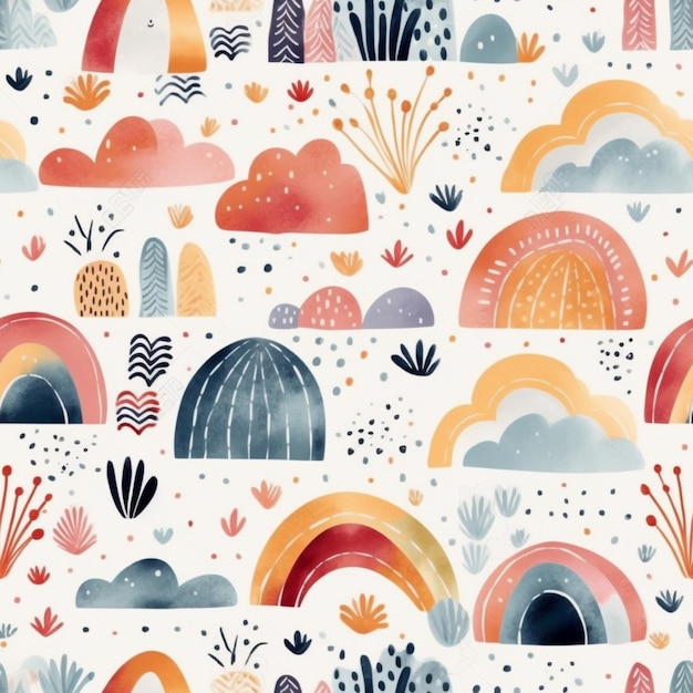 A seamless pattern with a rainbow and clouds.