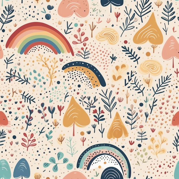 Seamless pattern with a rainbow and leaves.