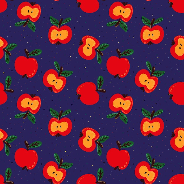 Seamless pattern with red apples and colorful dots on a blue background. Vector illustration