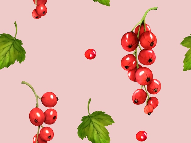 Seamless pattern with red berries Watercolor currant isolated on pink background Clip art berry branches