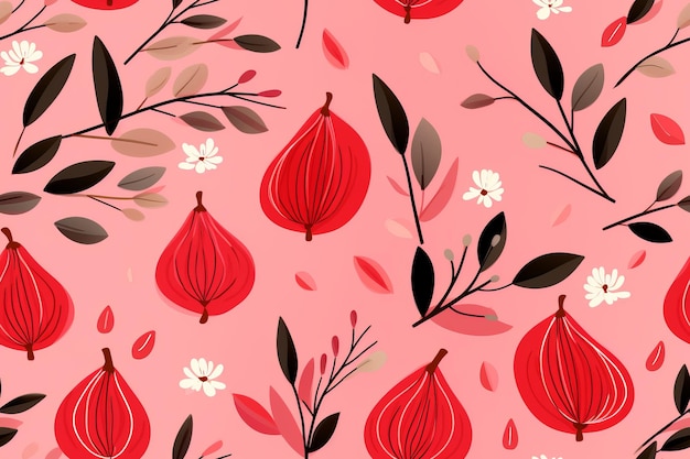 Photo seamless pattern with red and black flowers and leaves on a pink background