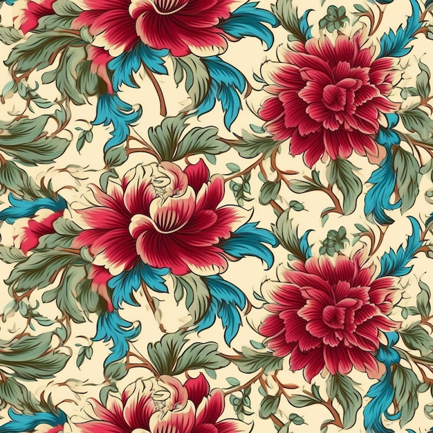 A seamless pattern with red and blue flowers.