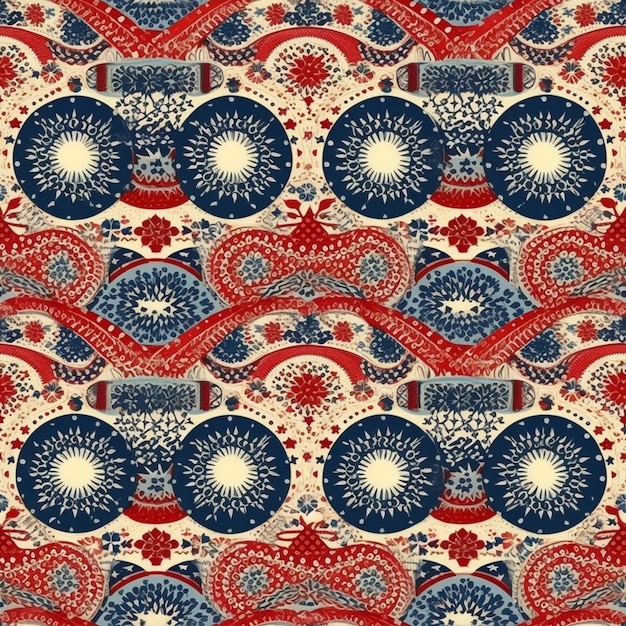 A seamless pattern with red, blue and white flowers.