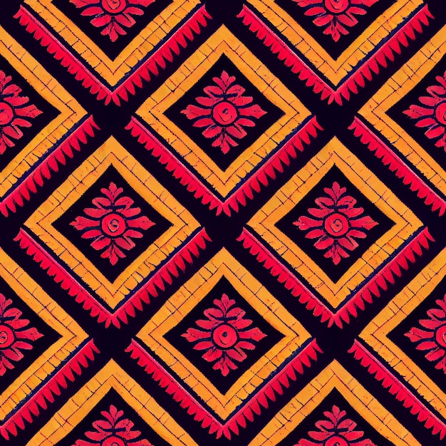 A seamless pattern with a red flower and yellow zigzag lines.