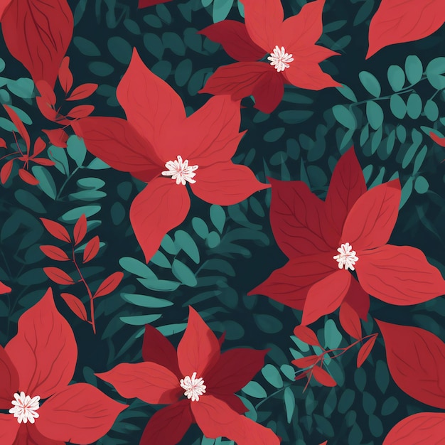 Seamless pattern with red flowers and leaves on a dark background.