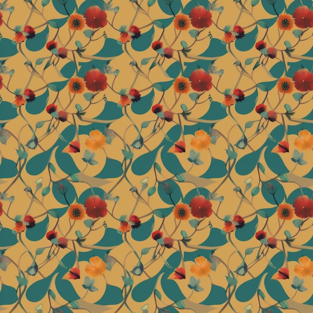 A seamless pattern with red flowers and leaves.