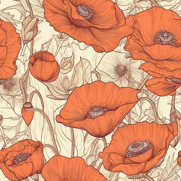 Seamless pattern with red poppies on a beige background.