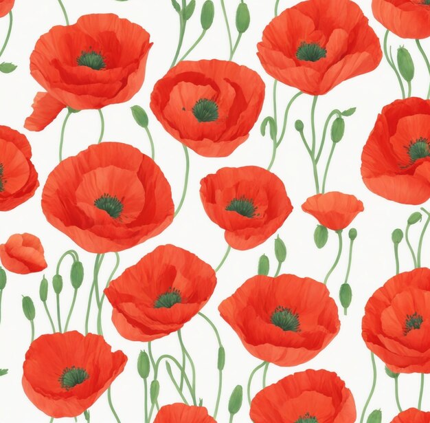 Seamless pattern with red poppies on white background