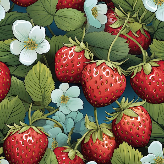 seamless pattern with red ripe strawberries on green branches with white blooming flowers on a blue background