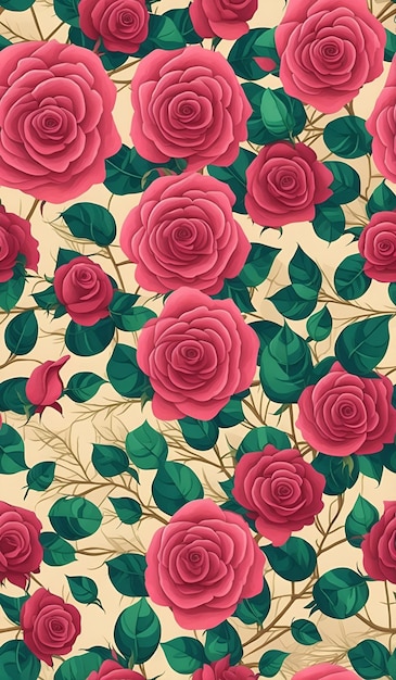 A seamless pattern with red roses and green leaves.