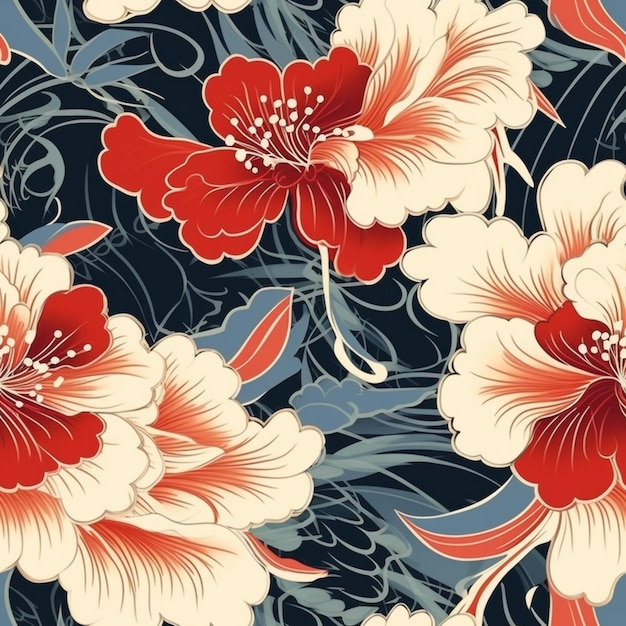 A seamless pattern with red and white flowers on a blue background.