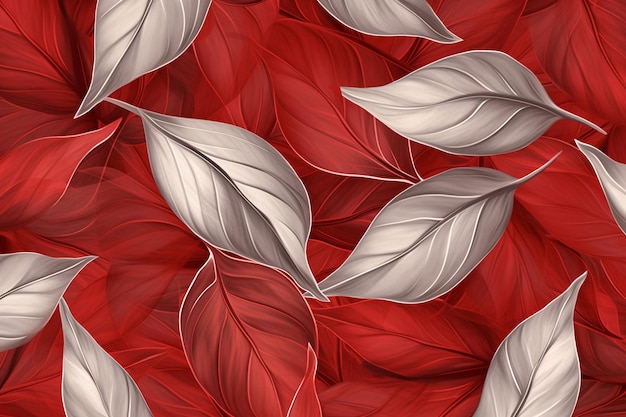 Бесшовный узор с красными и белыми листьями на красном фоне.