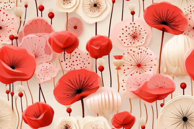 seamless pattern with red and white poppies on a beige background