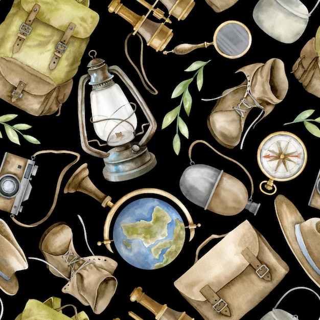 レトロな旅行用品とのシームレスなパターン旅行やキャンプのための暗い黒の孤立した背景に冒険バックパックと手描きの水彩イラスト、ハイキング デザインの飾り