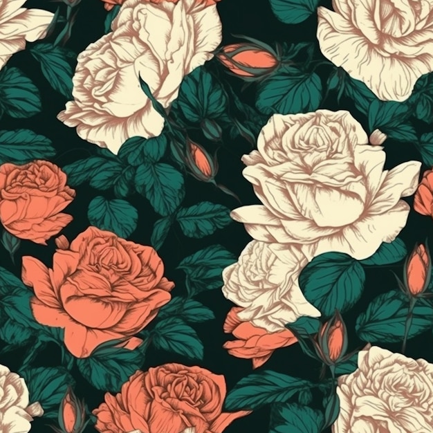 Seamless pattern with roses on a dark background.