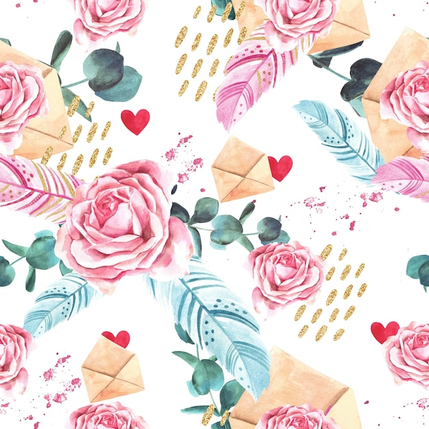 Seamless pattern with roses eucalyptus and hearts on a white background Watercolor illustration