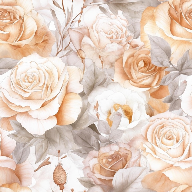 A seamless pattern with roses and leaves.