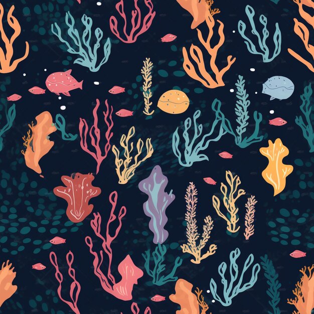 A seamless pattern with sea life and fish.