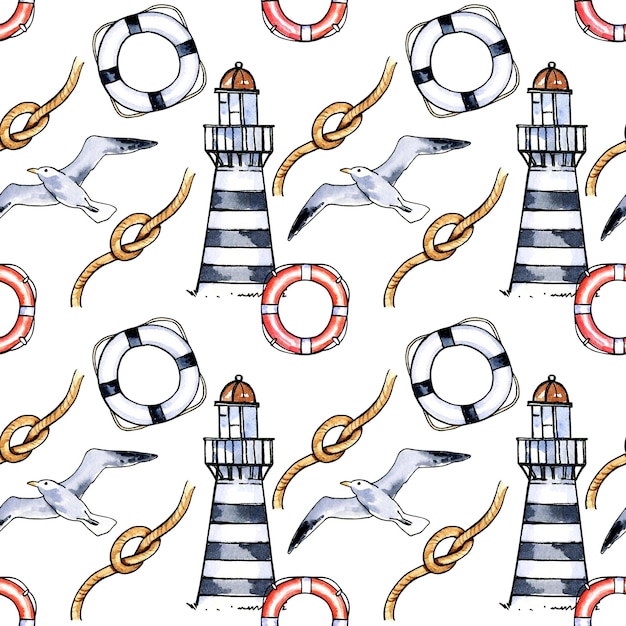 Seamless pattern with seagulls lighthouse lifeline and knot white background Watercolor illustration