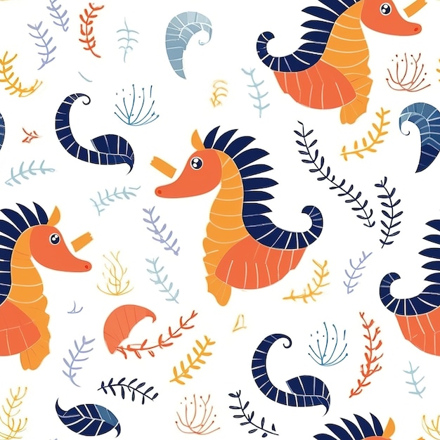 Seamless pattern with seahorses on a white background.
