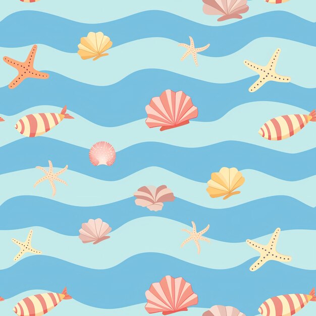 Seamless Pattern With Seashells And Starfishes