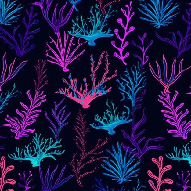 Photo seamless pattern with seaweed and algae on a dark background.