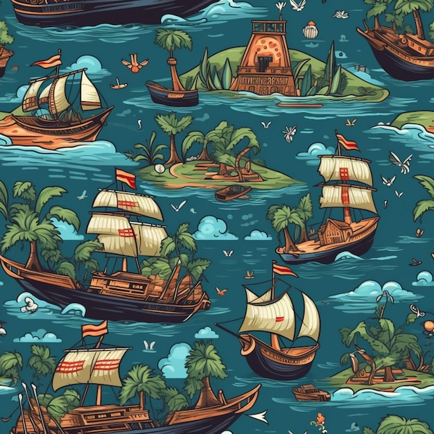 A seamless pattern with ships and islands.