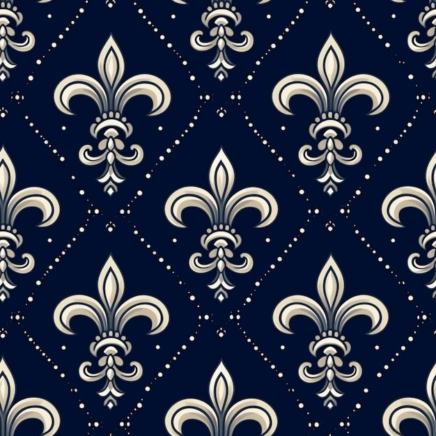 A seamless pattern with silver fleurons on a dark blue background generative ai