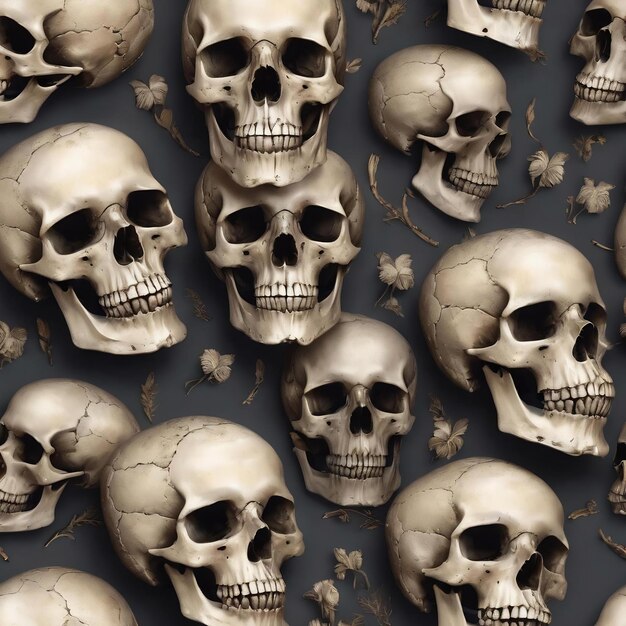 Seamless pattern with skulls and bones on a gray background